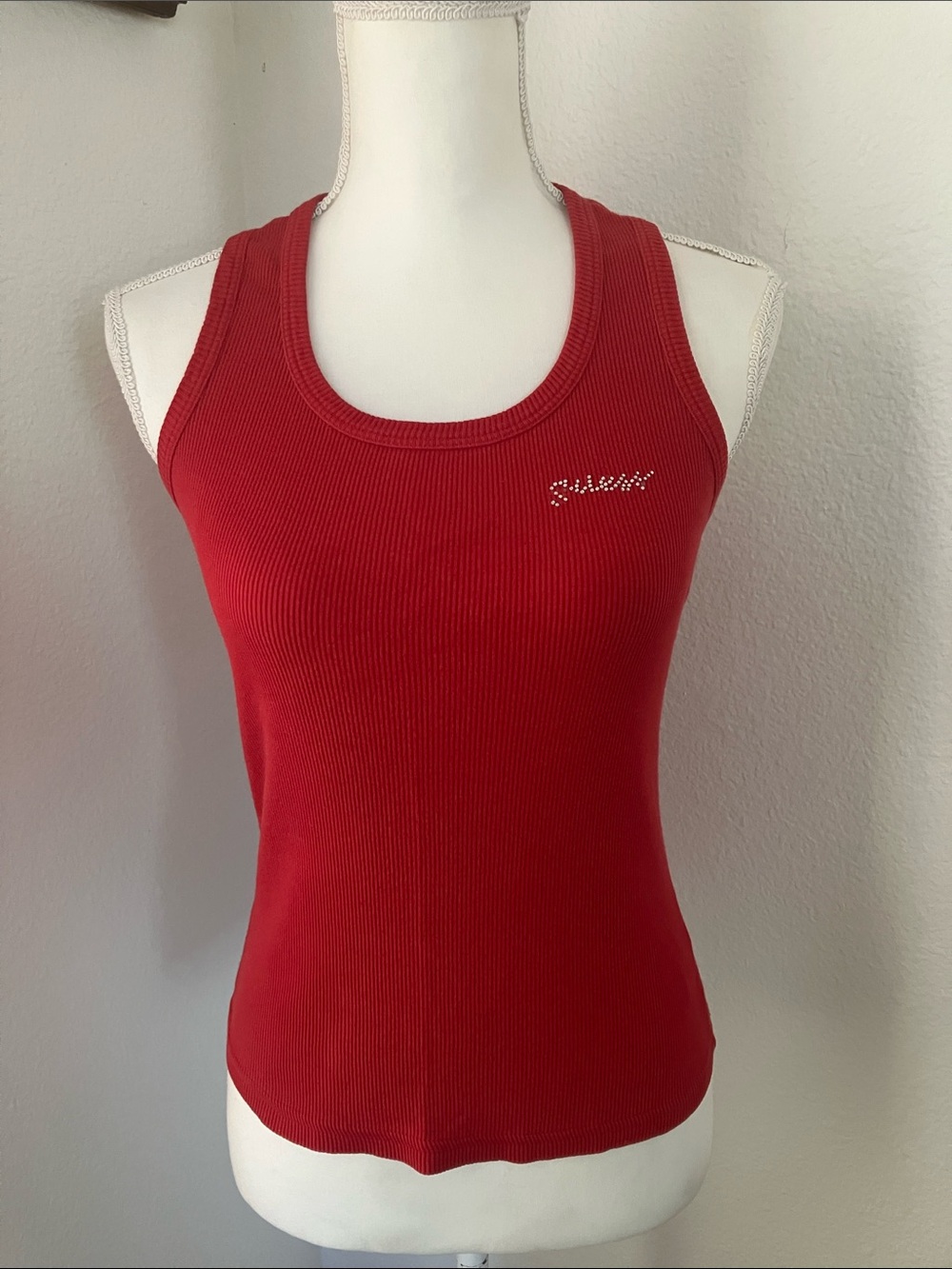 Y2k Guess Red Ribbed Tank with Crystal Script Logo